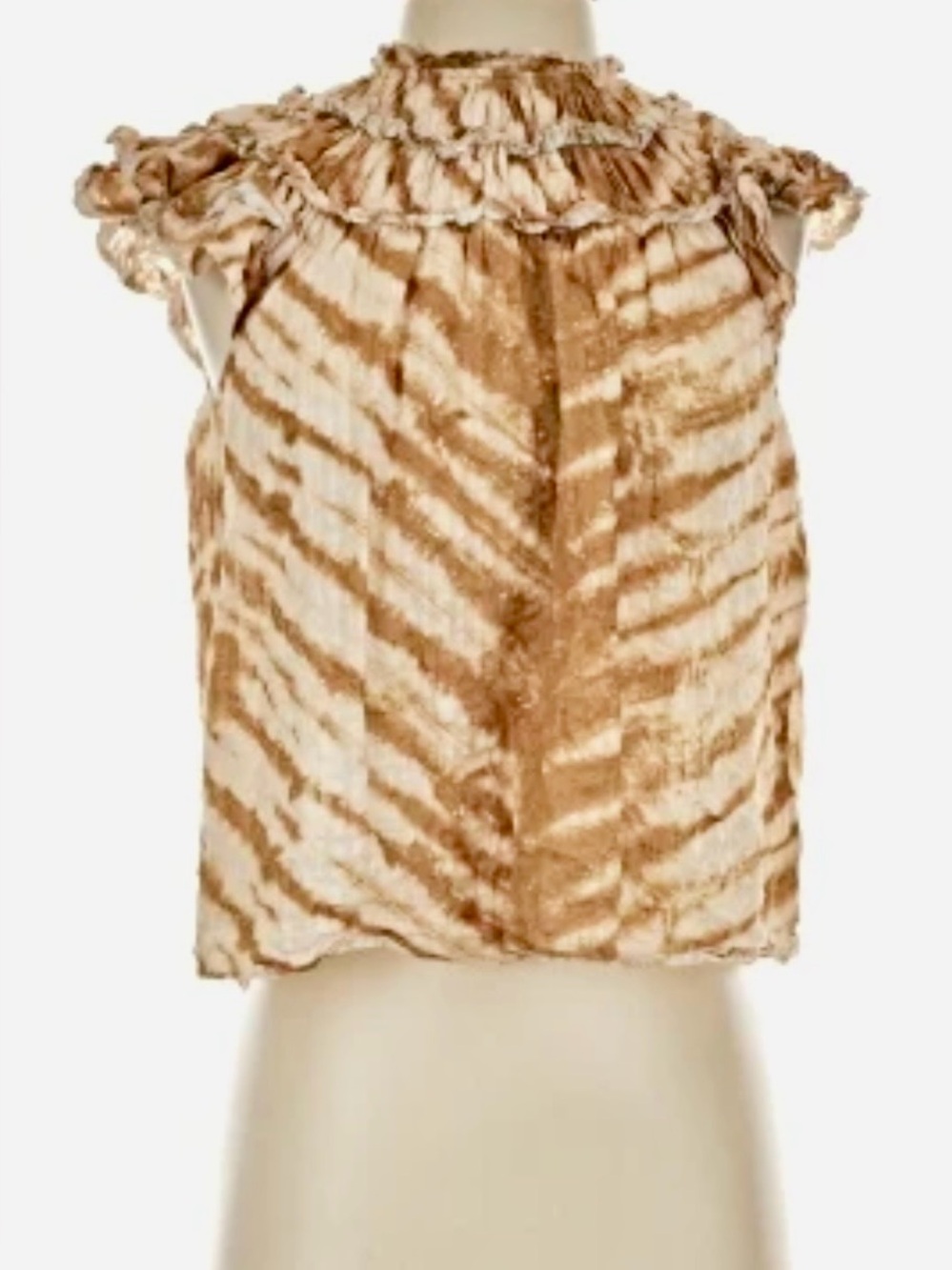 Ulla Johnson Cream and Tan Striped Ruffled Sleeveless Blouse